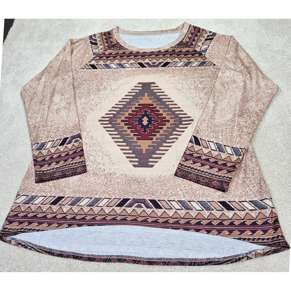 Women's XXL Aztec Print Tunic Top‎ Beige Brown Geometric Long Sleeve Pullover